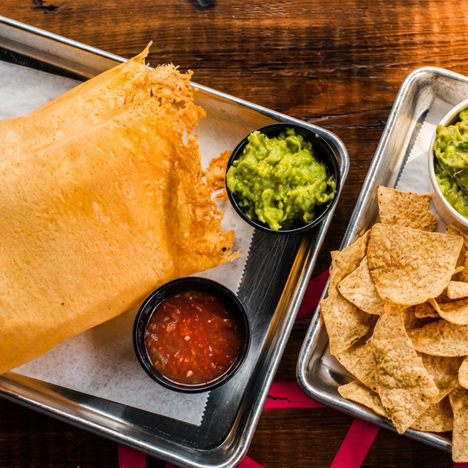 A large golden dosa, guacamole, salsa, and tortilla chips on metal trays.