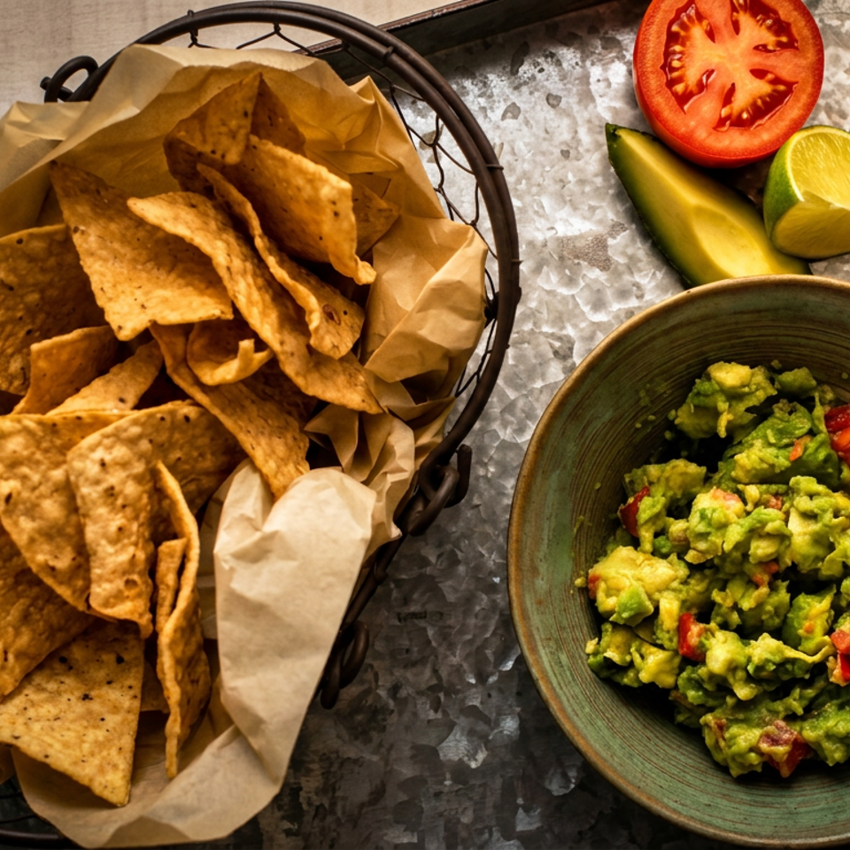 Basket of tortilla chips, bowl of guacamole, sliced tomato, avocado, and lime on a metal tray.
