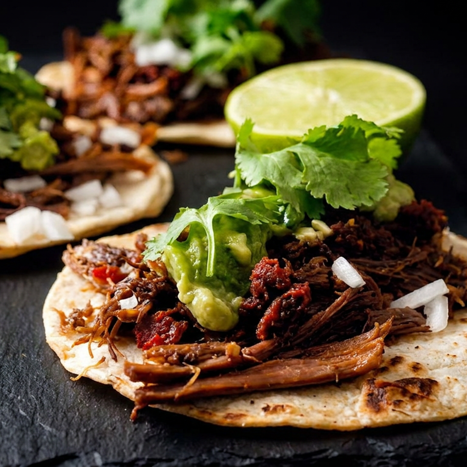 Three delicious tacos with shredded meat, guacamole, cilantro, and onions on a dark surface.