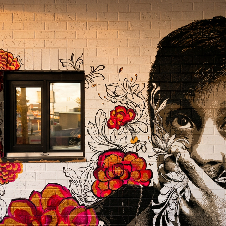 Mural of a child's face surrounded by red and gold flowers on a white brick wall.