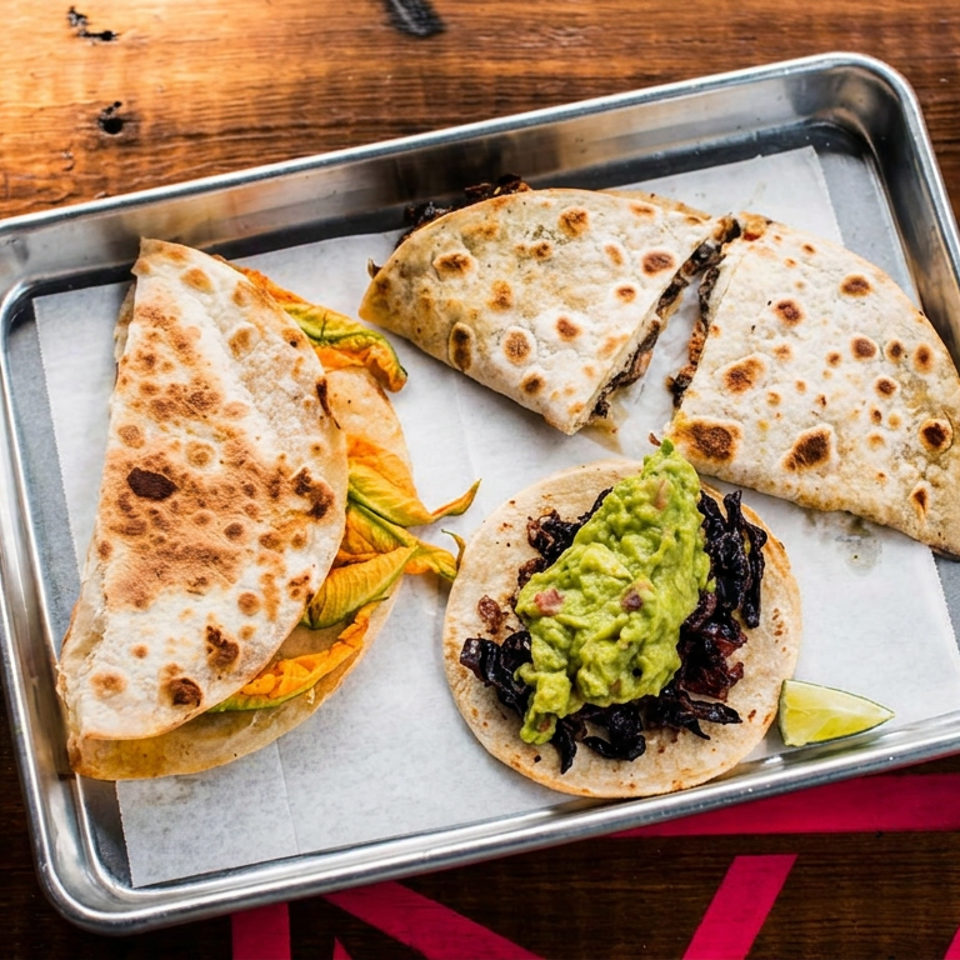 A metal tray holds a quesadilla, a taco with guacamole, and another folded taco on a wooden table.