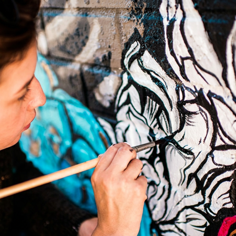A woman painting a vibrant mural with black, white, and red colors on a brick wall.