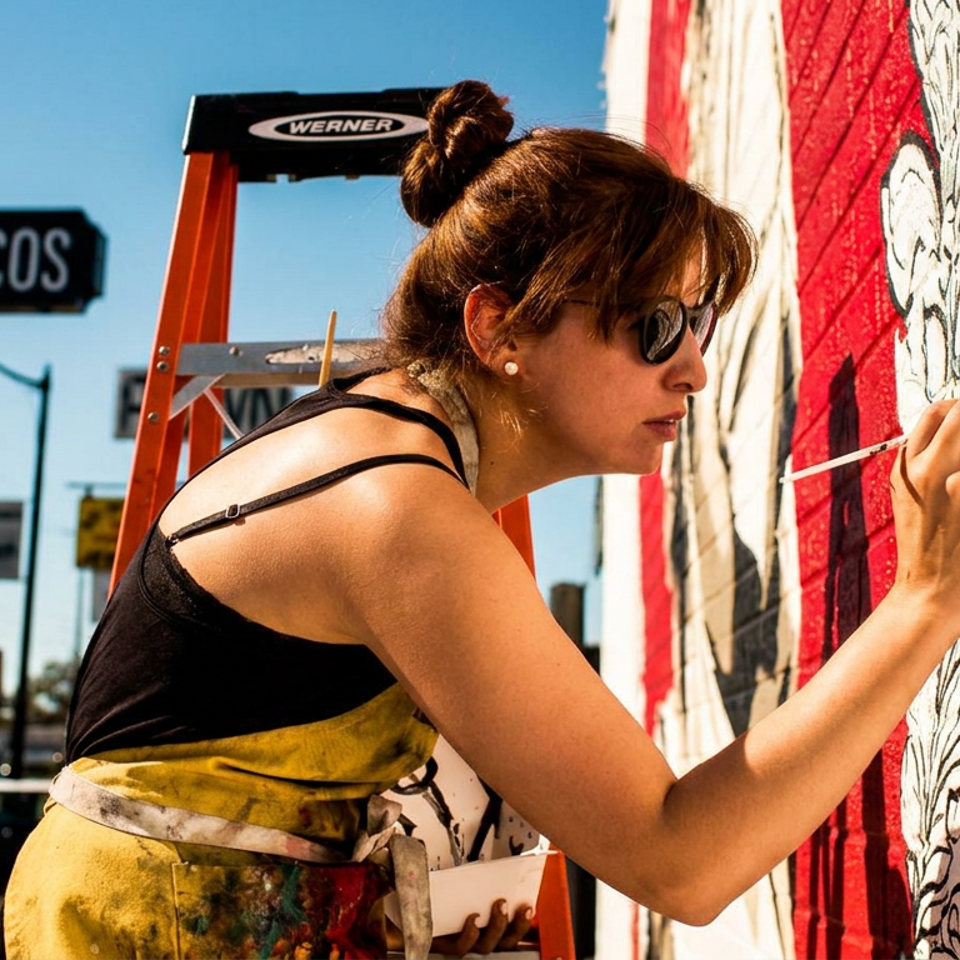 Artist painting a mural on a brick wall with a "Hunger St Tacos" sign in the background.