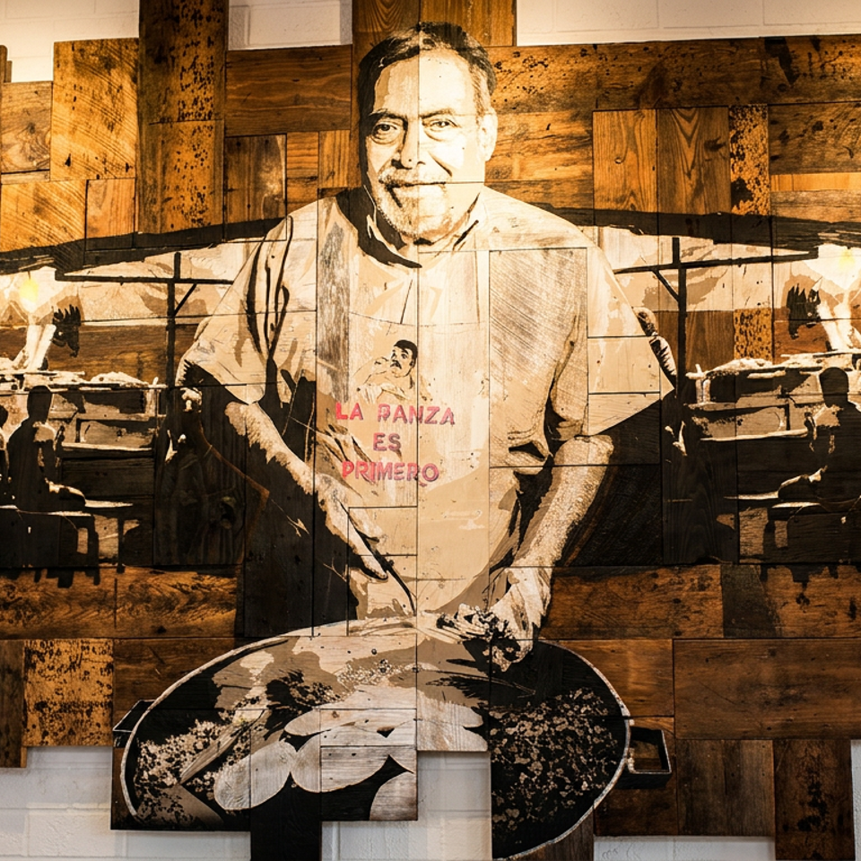 Wooden wall art featuring a chef cooking, with a market scene and people in the background.