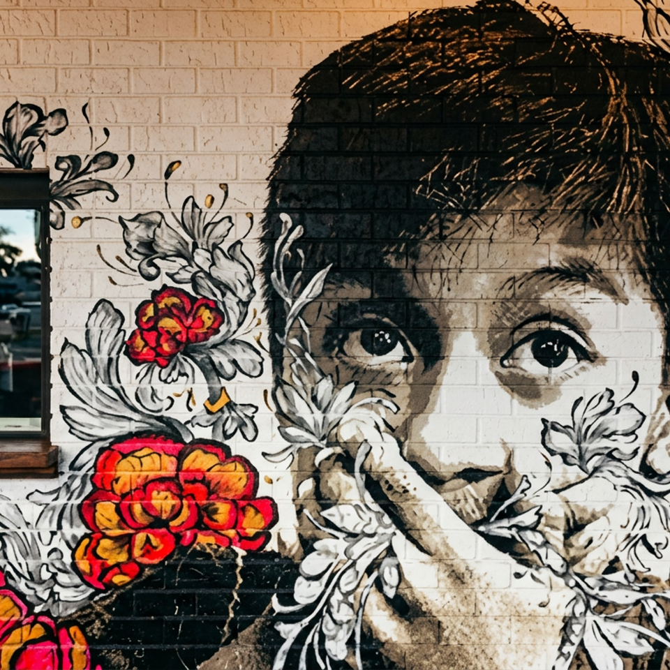 Mural of a child's face surrounded by vibrant red and orange flowers on a white brick wall.