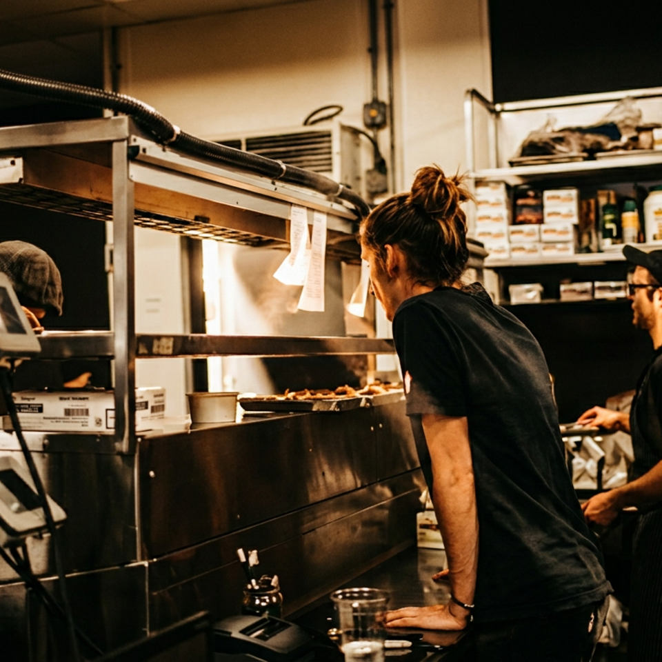 Chefs work in a busy, dimly lit commercial kitchen with food warming under heat lamps.